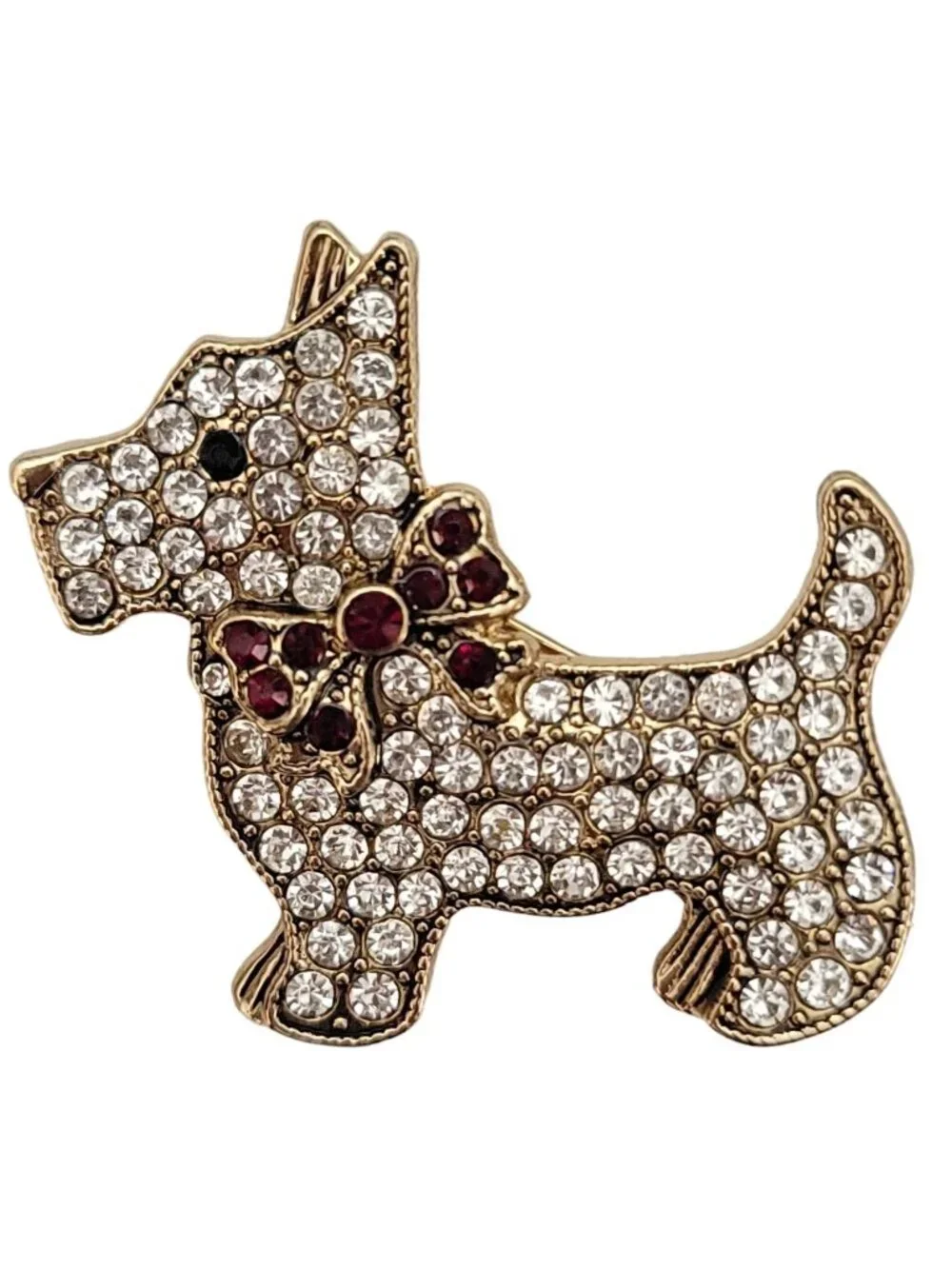 Monet Gold Tone Clear, Red Rhinestone Pave Scottie Dog Brooch, Signed K727